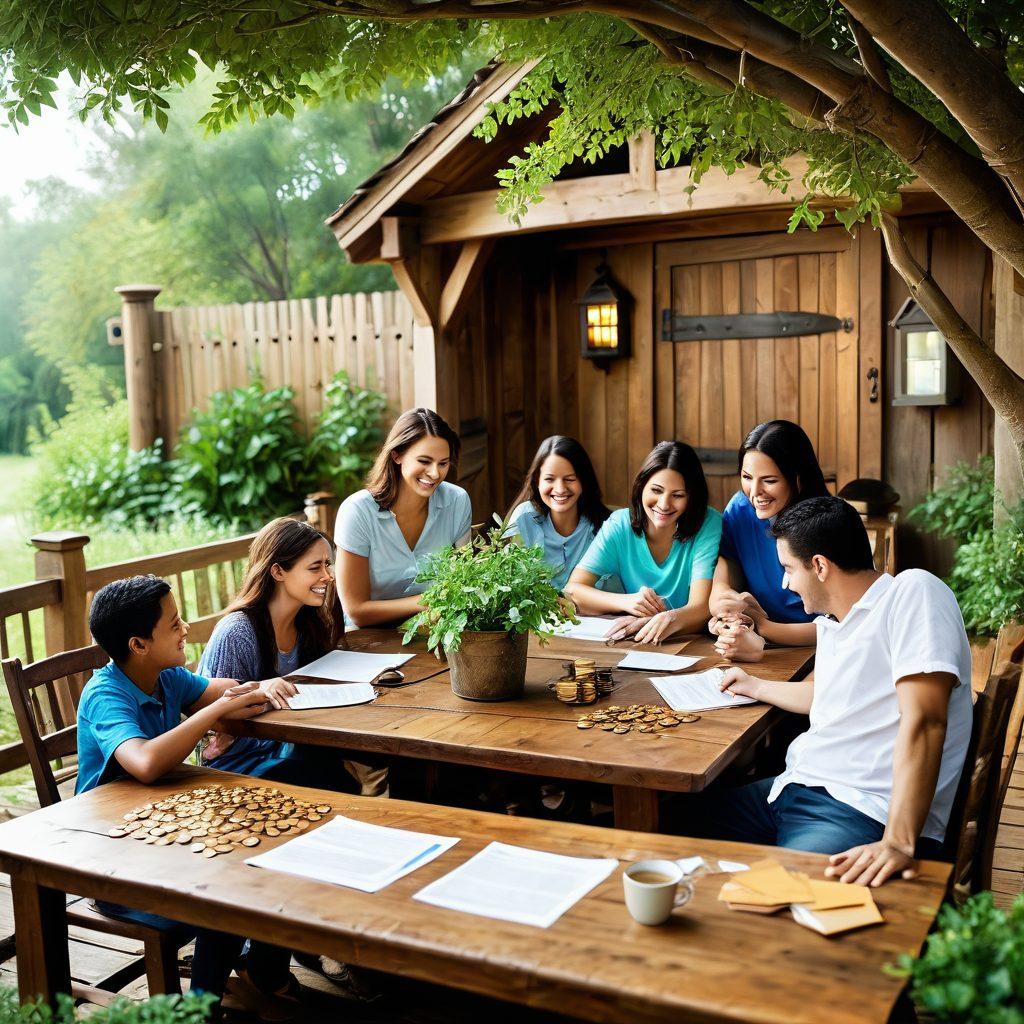 A warm and inviting scene featuring a cozy home with a family happily gathered around a table, showcasing symbols of insurance like a shield and a secure lock. In the background, lush greenery and a protective fence symbolize safety and security. Include elements that represent financial security, like coins and documents subtly integrated into the landscape. The mood should be optimistic and reassuring. super-realistic. vibrant colors. soft focus.