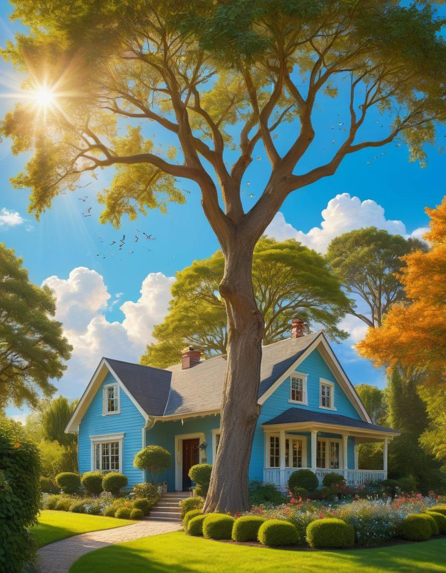 A serene family scene depicting parents and children enjoying a beautiful day in a park, surrounded by symbols of security like a shield, a cozy house, and a tree representing growth. The sunlight casts warm hues while soft clouds drift in a blue sky, symbolizing hope and dreams. The overall ambiance should evoke a sense of safety and togetherness. super-realistic. vibrant colors. soft background.